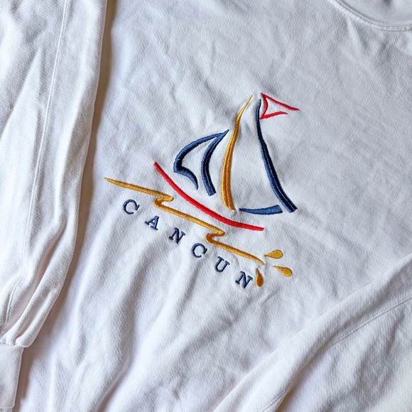 Le Best 90s Vintage Cancun Crewneck Sweatshirt White Pullover Sweater Sailboat S - Picture 5 of 5